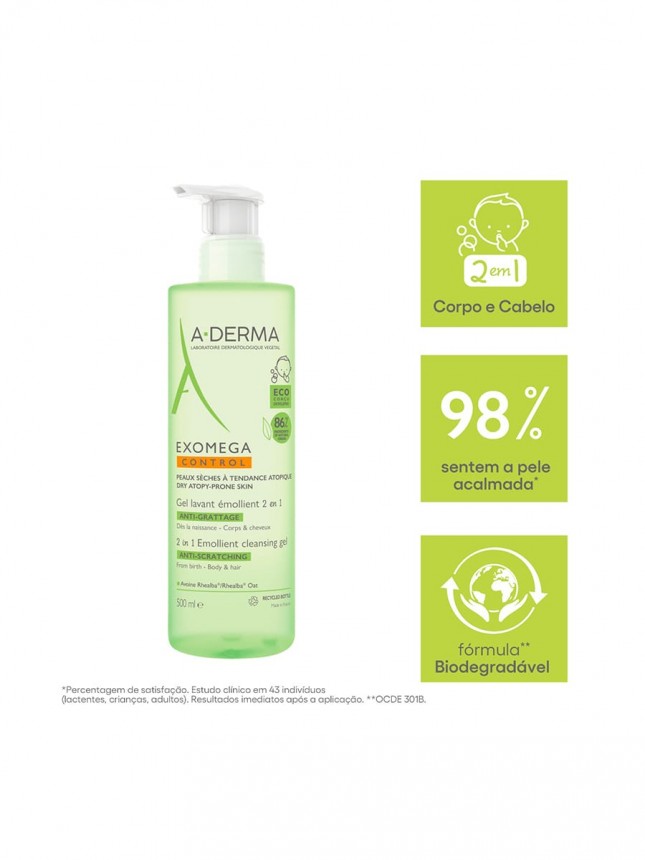 A-Derma Exomega Control 2 In Gel Limpiador Emoliente Cuerpo y Cabello Para Pieles At�picas