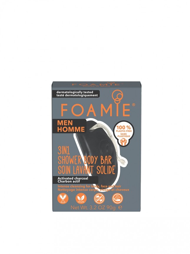 Foamie Men Bar 3en1 Qu es un hombre? Hidratacin y Limpieza Intensa - Carbn Activado