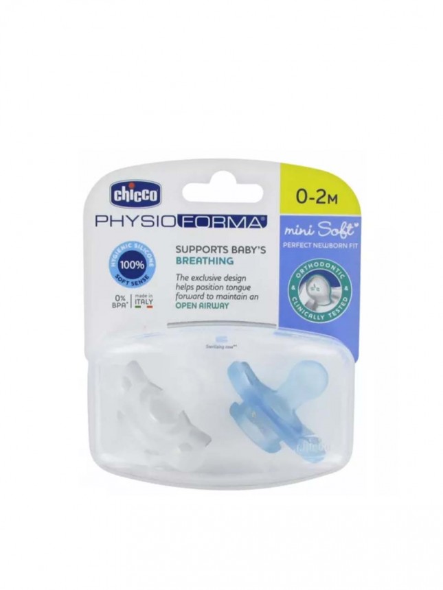 Chicco Chupeta Silicone Physio Forma Mini Soft 0-2M 2 Unidades Azul/Neutro